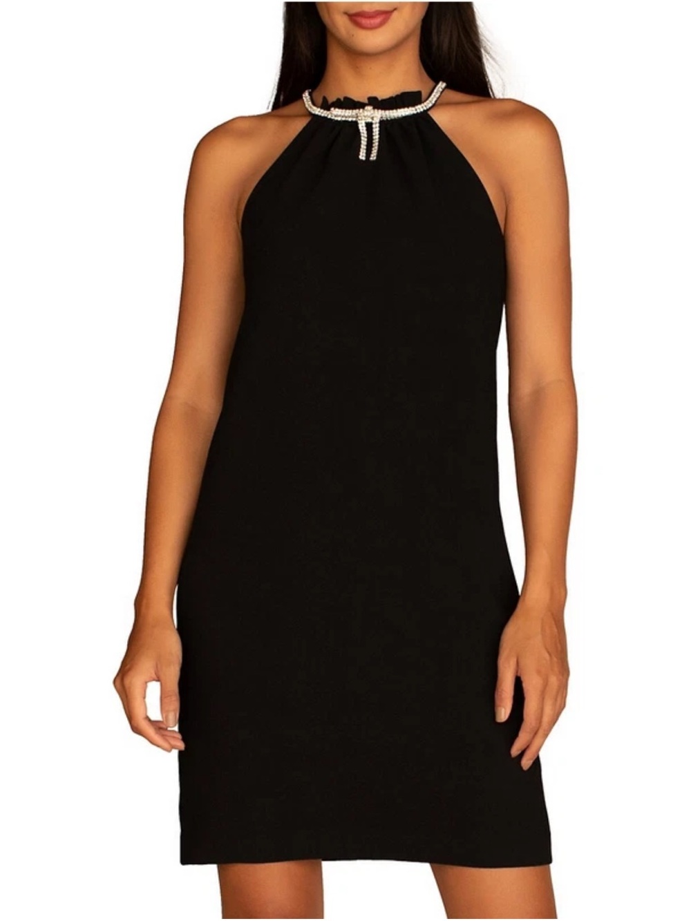 Trina Turk Black Halter Shift Dress with Rhinestone Neckline